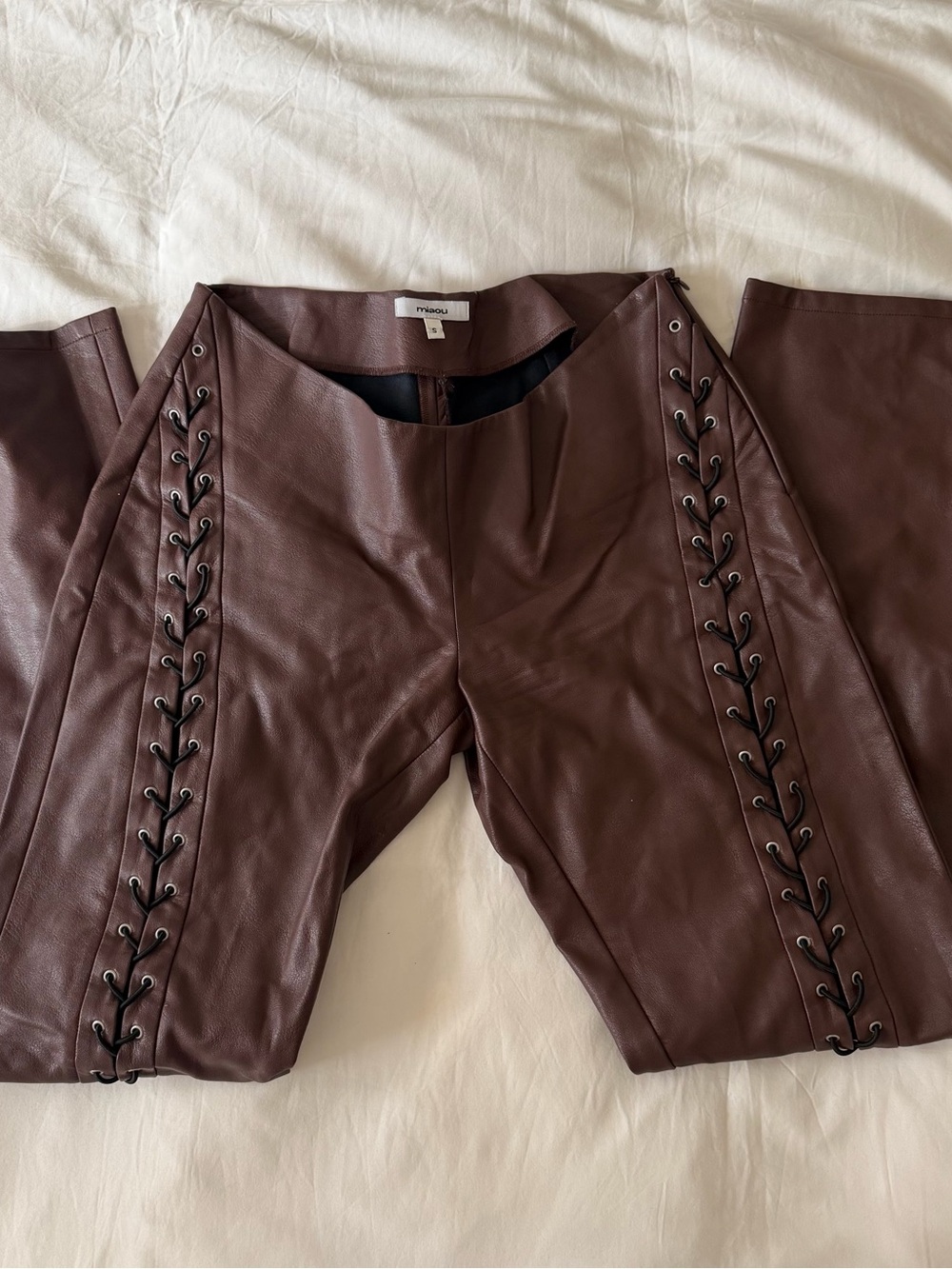 Miaou Brown Faux Leather Low Waist Lace-Up Pants - Picture 4 of 5